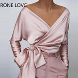 Women Solid Elegant V neck Satin Bowknot Sexy Women