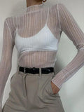 Fall Elegant See Through Long Sleeve Mock Neck Women Tops Fashion Streetwear Sexy T-Shirts Tees Slim