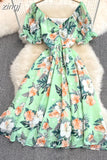 Women Sexy Floral Chiffon Dress Female Elegant V-Neck Short Sleeve High Waist A-Line Beach Vestido Casual Party Robe