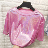 summer retro style stylish bright silk woman tops shiny loose short sleeve t-shirt sexy club aesthetic harajuku women