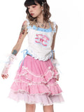 Fashion Sexy Cartoon Print Sweet Tank Tops Women Y2k Aesthetic Halter Bow Patchwork Tanks Lace Basic Backless