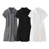 Spring Style Wide Pleated Lapel Short Slim Mini Dress