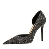 Zingj Sexy Banquet High Heels Fine Heel Super High Heel Shallow Mouth Pointed Side Hollow Out Shining Sequined Single