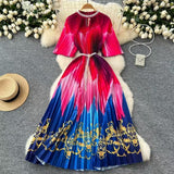 Women's Niche Elegant Dress New Hollow Nail Ball Neck-To-Celing Waist-Print Folding Long