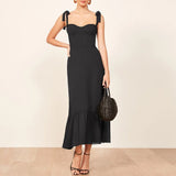 For Women Elegant Vintage Floral Dress Frill Sweetheart Neck Sleeveless Strap Tie Ruffle Hem Summer Beach