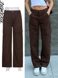Brown Vintage Baggy Jeans Women 90s Streetwear Pockets Wide Leg Cargo Pants Low Waist Straight Denim
