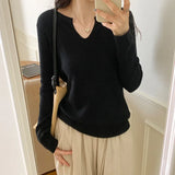 V-Neck Long-Sleeved Bottomed Shirt A Soft Waxy Loose Casual Blouse Is Worn In The New Autumn