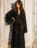 Neck Crochet Hollowed Out Flare Sleeve Midi Dress Women Loose See Through Vestidos 2024 Sexy Party Beach Vacation Female