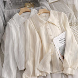 Sweet Peter Pan Collar Lace Hollow Casual Sweet Blouse Shirts Women Long Sleeve White Chemise Chic