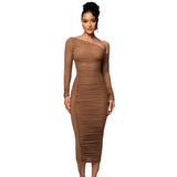 Zingj 2024 The New Women's Long Sleeve Mesh Splicing Inclined Shoulder Long Temperament Pleated Dress