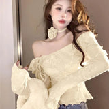 Hot Girl Flare Sleeved Sweater Women's Autumn and Winter Off Shoulder Slash Neck Knitted Pullover Fashion Female