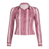 Zingj Retro Pink Striped Long Sleeve Shirt Women's Polo Collar Slim Slim Single Breasted