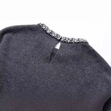 Spring Style Neckband Diamond Trim Round Collar Pullover Loose Sweater