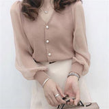 size Women's Spring Autumn Style Chiffon Blouses Shirt Women's Knitted Button Long Sleeve Solid Color Lace Patchwork
