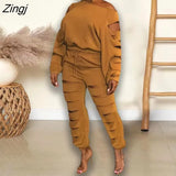 Women Sets Autumn Winter New Solid One Shoulder Long Sleeve Top + Pants 2 Pieces Set Casual Sporty