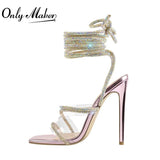 Onlymaker Women's Summer Crystal Lace-Up Stiletto High Heel Sandals Multicolor Square Toe Cross Strap PVC Bling
