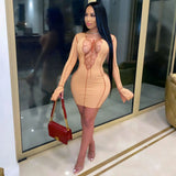 Ribbed Bodycon Dresses Stripe Low-Cut Hollow Out Long Flared Sleeve Club Partywear Fashionable Lace Up Fall