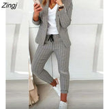 Autumn Casual Plaid Print Long Sleeve Blazer Coat & Drawstring Pants Set Two Pieces Suits Womens Elegant Ladies Tops