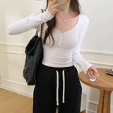 Style Slim Long-Sleeved T-Shirt For Thin Spice Girl A New Solid Color Bottomed Shirt With Low Collar Collarbone Blouse For Women In Early