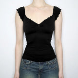 Solid Color Ruffled Short Sleeve TeeOutfit