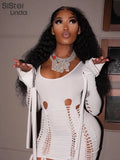 Solid Trend Hollow Two Piece Set Women Spring Full Sleeve Concise Top+Ribbons Hip Dresses Female Vacation Party