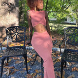 Women's Summer 2 Pieces Set Solid Color Sleeveless Round Neck Cropped Navel Short Tops + Soft Abdominal Long