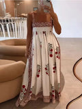 Flower Printed Large Hem Strap Long Dress For Women Elegant Square Neck Sleeveless Maxi Dresses Lady Party Holiday