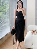 Women Satin Strap Midi Sleeveless Split Dress Ruched Backless Bodycon Sexy Party Elegant Club Slim Clothes