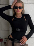 2024 New Full Sleeves Hollow School Bags Buckle False Two Pieces Skinny Bodysuit Women Stylish Casual