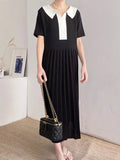 Women's Knitted Dresses 2024 Korean Fashion Short Sleeve Lapel Ladies Casual Loose Vintage Knitting Long Dress