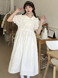 White Dress Women Summer Kawaii Midi Dresses Bow Preppy Style Sundress Ruffle Patchwork Peter Pan Collar Puff