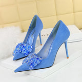 Zingj Korean Version Banquet High-Heeled Shoes Women Thin Heel Suede Shallow Mouth Pointed Gem Water Diamond Bow Single
