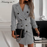 Lady Blazer Dress Women Notched Double Breasted Houndstooth print dress Elegant Autumn Long sleeve With Belt Dress