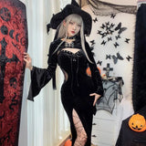 Halloween New Women's Dress Suit Hat Horn Sleeve Spider Web