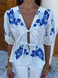 Flower Embroidery Patchwork Puff Sleeve Blouse Single Breasted Buckle O-neck Shirt 2024 Summer Lady Chic Casual
