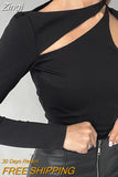 Sexy Hollow Out Women T Shirt Casual Round Neck Long Sleeve Skinny Cropped Tops 2023 Autumn Solid Elegant Basic