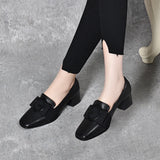 Zingj Spring New High Heels Square Head Thick Heel Middle Heel Work Shoes Square Button Head Layer Cowhide Four