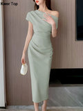 Off Shoulder Evening Party Dresses Women Summer Fashion Slim One Piece Solid Vestidos Korean Graduation Robe