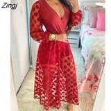 Women's Clothing Spring Polkadot Print Wrap Long Sleeve Maxi Dress See Through Party Wedding Formal Elegant Boho V