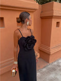 3d Flower Solid Sexy Suspender Evening Dresses Women Sleeveless Backless Slim Long Robes Female Elegant Banquet