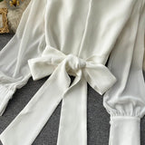 Spring Shirt V-neck Puff Sleeve Strap Slim Cropped Top Single Breasted Female Bandage Blouse