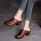 Zingj Leather Head Semi-Slippers Female 2023 Summer Retro Medium-High Heels Hollowed-Out Thick Heels Cool Middle-Aged