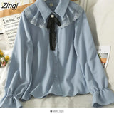 Sweet Chiffon Shirt For Women Korean Style Lace Up Peter Pan Collar Blouses Elegant Office Work Long Sleeve Ladies