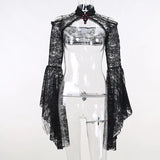 Dark Wind New Horn Sleeve Collar Lace Splicing Open Shoulder Temperament Leisure All Kinds Of