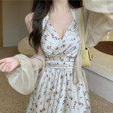 Zingj Size Fat MM Show Thin Hot Girl Summer Hanging Neck Type Broken Flowers In The Long Skirt Fairy Temperament French Accept Waist Dress-Outfit