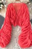 Sexy Draped Chiffon Blouse For Women Elegant V-Neck Puff Long Sleeve Short Tops Female Slim Party Shirts 2023 New