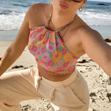 Y2K Bohemian Floral Print Crop Top Summer Beach Style Sexy V-neck Backless Halter Cami Top Women Aesthetic Streetwear 211-1-Outfit