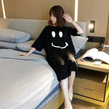Happy Smile Face Pattern O Neck Short Sleeves Home Plus Size Cotton Nightowns for Women One Piece