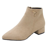 Zingj Boots Women Fall 2023 New Frosted PU Heel Ankle Boots Color Martin Boots Thick Heel Pointed Women's Boots- Outfit