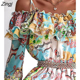 Cold Shoulder Ruffles Frill Hem Graphic Print Long Sleeve Fairy Flower Sundress Summer Women's Dress Femme Robe